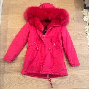 Girls' Hot Pink Hooded Puffer Parka with Faux Fur Trim